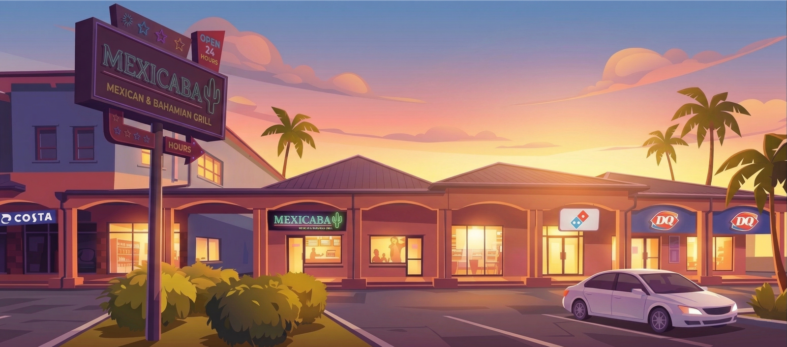 Afternoon exterior illustration of Mexicaba at golden hour.